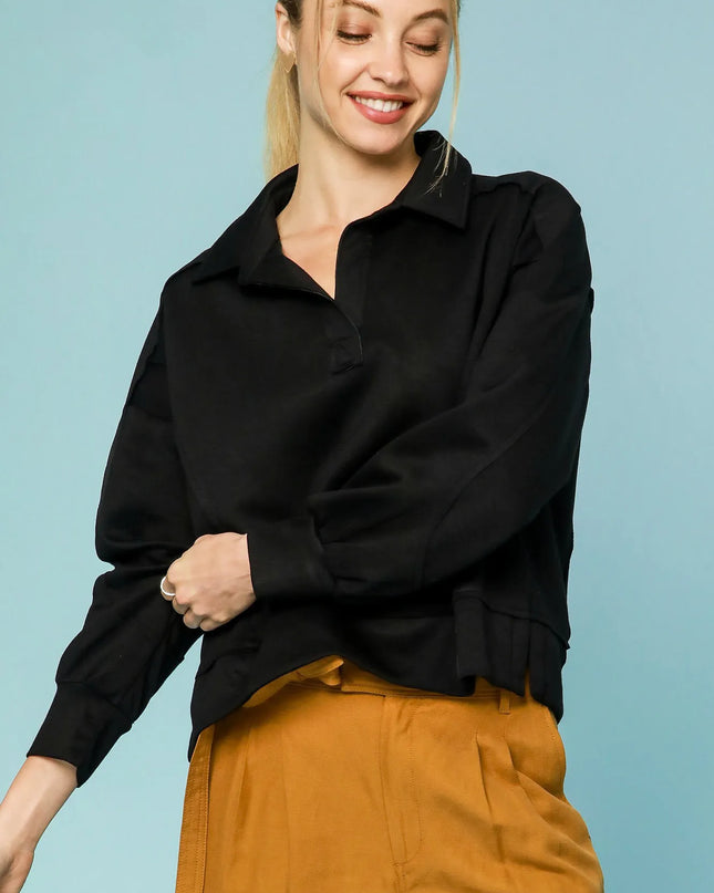 Umgee Collared Neck Long Sleeve Top with Raw Hem Detail Black