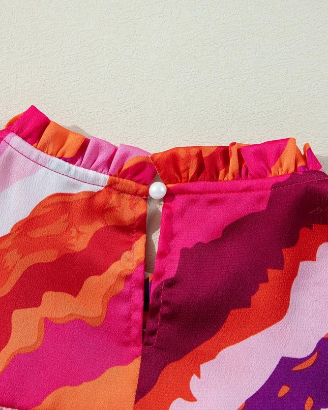 Abstract Print Shirred Yoke Ruffled Blouse