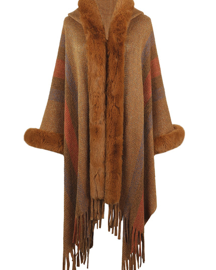 Color Block Fringe Detail Poncho Khaki One Size