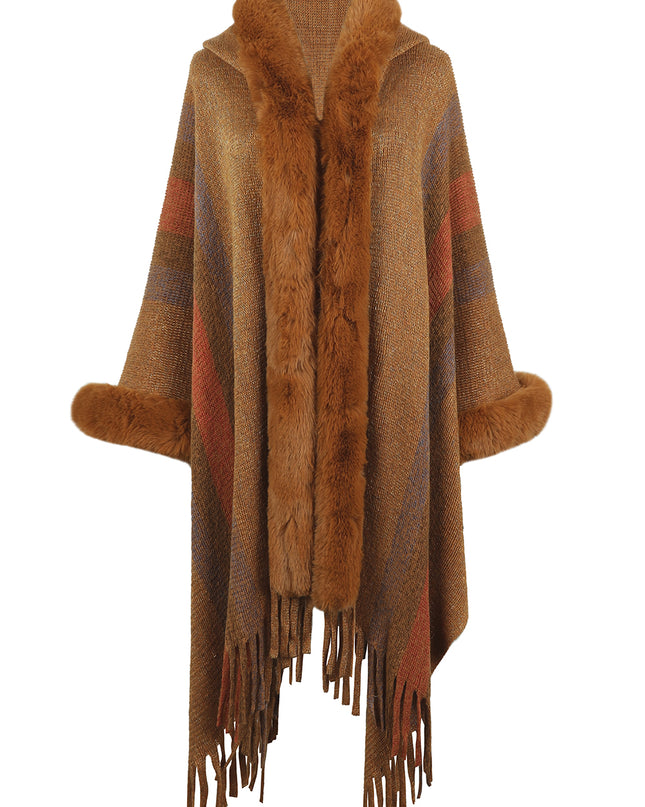Color Block Fringe Detail Poncho Khaki One Size