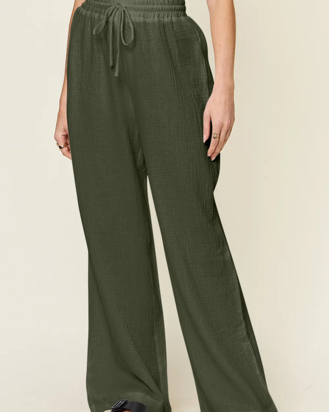 Double Take Full Size Texture Drawstring Wide Leg Pants