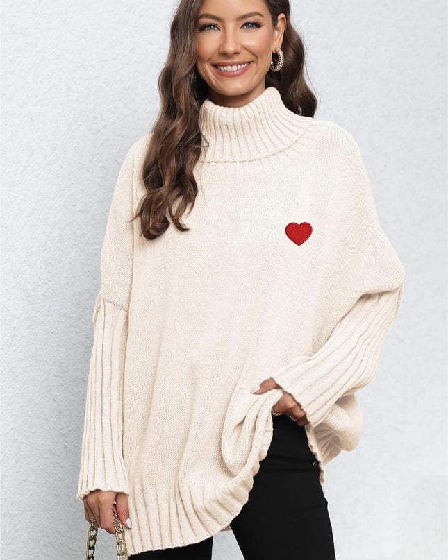 Turtle Neck Long Sleeve Ribbed Sweater Beige One Size