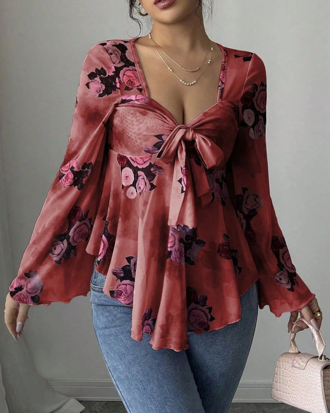 Floral Tie Front Flare Sleeve Blouse