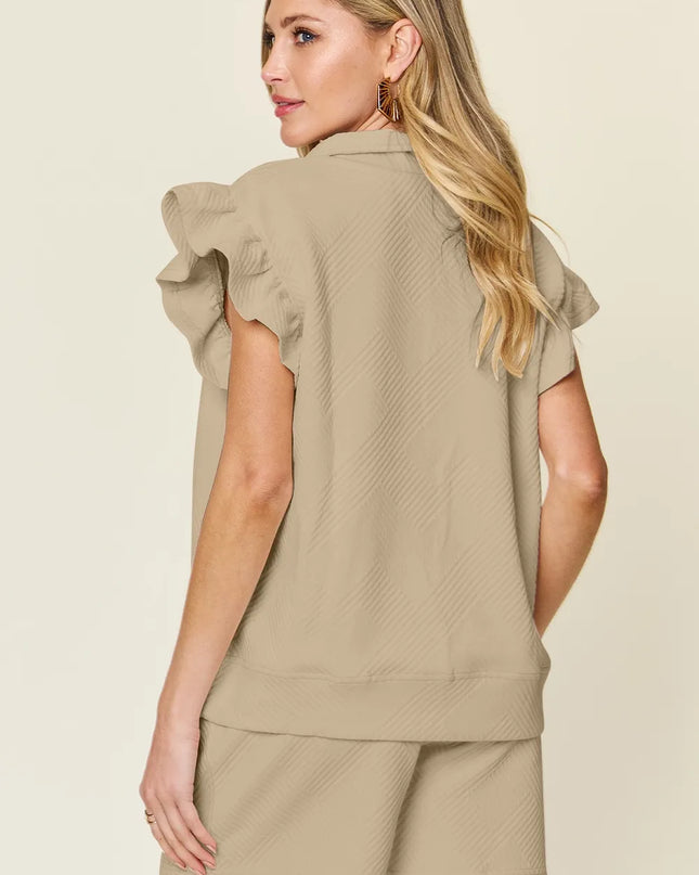 Double Take Full Size Texture Flounce Sleeve Top and Drawstring Shorts Set