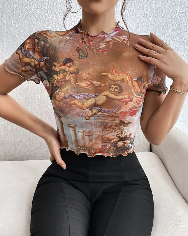 Abstract Print Ruffled Mock Neck Crop T-Shirt