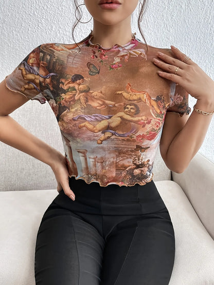 Abstract Print Ruffled Mock Neck Crop T-Shirt
