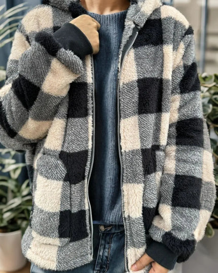 Double Take Full Size Plaid Long Sleeve Hooded Coat