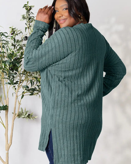 Basic Bae Full Size Ribbed Round Neck Long Sleeve Slit Top