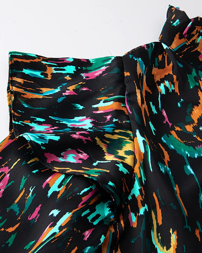 Abstract Print 3/4 Sleeve Ruffle Blouse