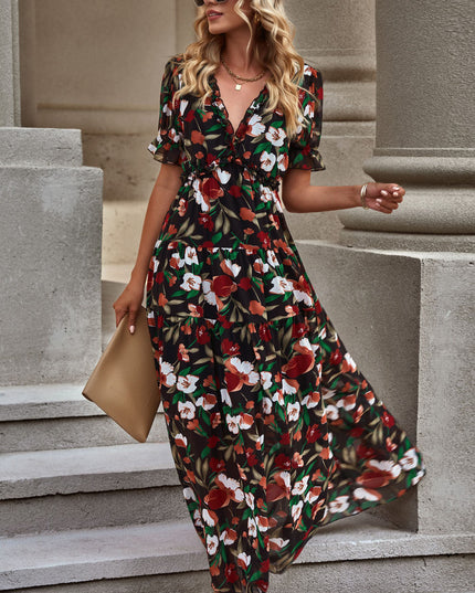 Floral V-Neck Short Flounce Sleeve Dress 