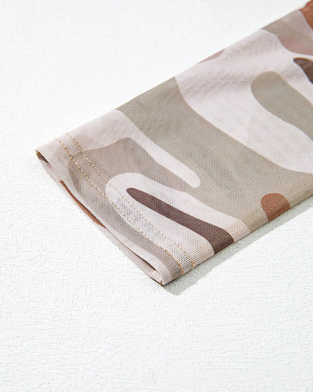 Camouflage Print Mesh Long Sleeve Top