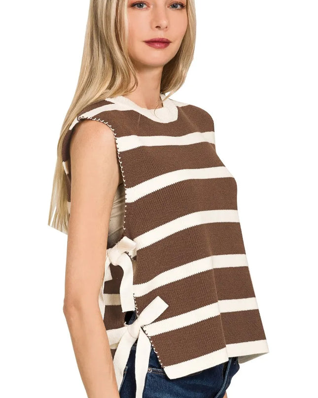 Zenana Side Tie Stripe Sweater Vest