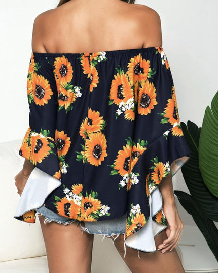 Floral Print Off-Shoulder Flounce Sleeve Blouse