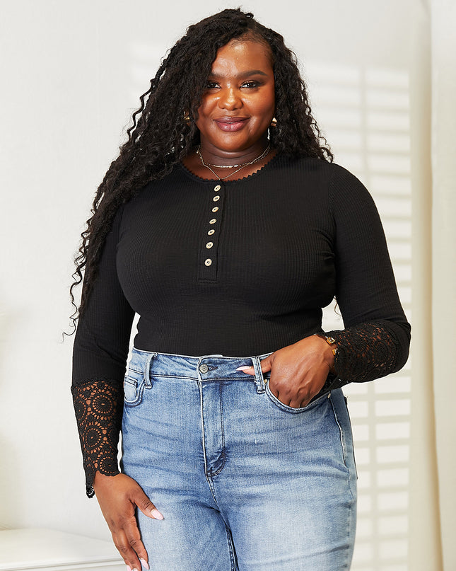 Double Take Crochet Lace Hem Sleeve Button Top