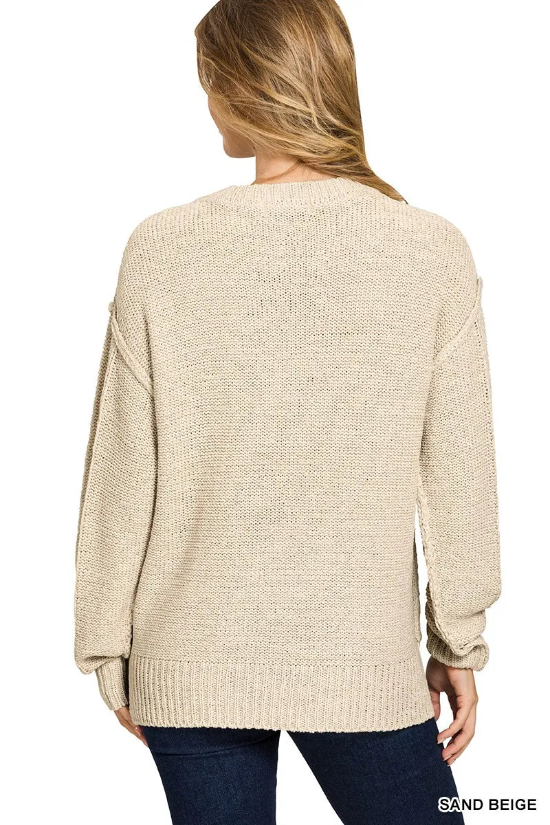 Zenana Exposed Seam Round Neck Sweater