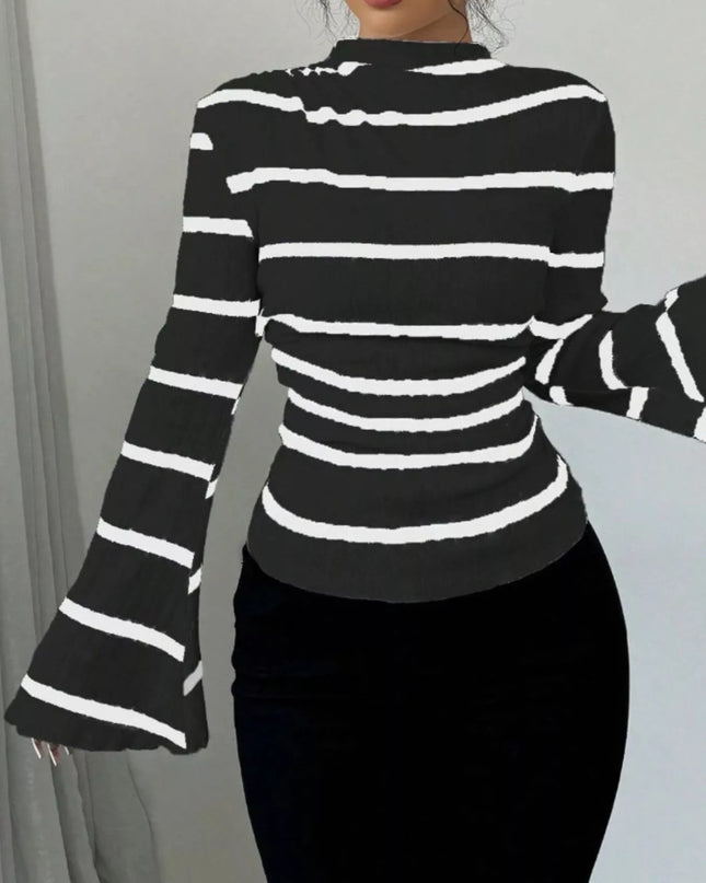 Striped Mock Neck Flare Sleeve Knit Top