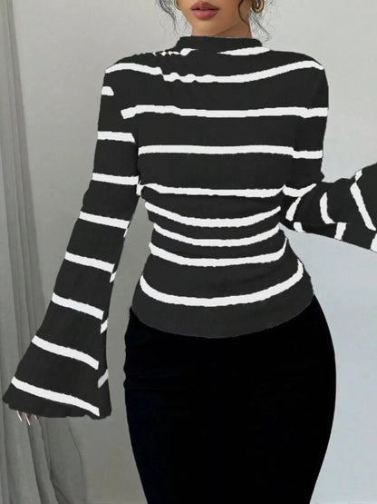 Striped Mock Neck Flare Sleeve Knit Top
