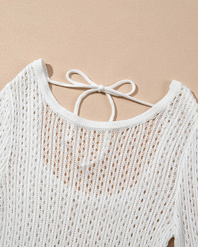 Hollow Out Bell Sleeve Drawstring Knit Cover Up Dress