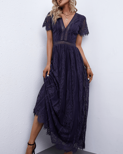 Scalloped Trim Lace Plunge Dress Navy