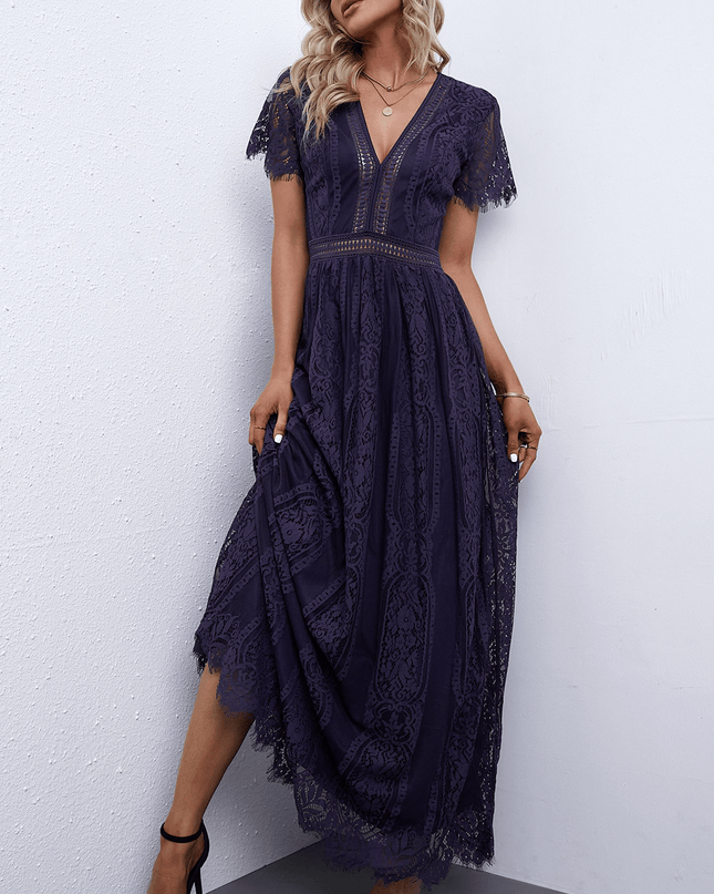 Scalloped Trim Lace Plunge Dress Navy