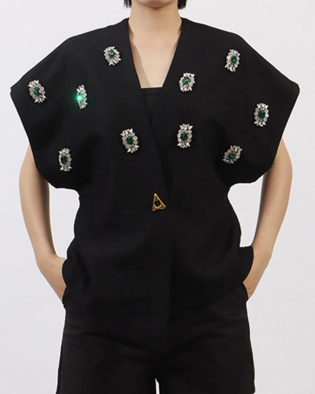 Plus Size Rhinestone Relaxed Fit Vest Coat