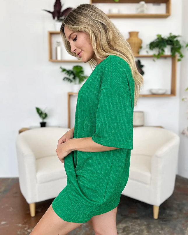 Double Take Full Size Texture Round Neck Drop Shoulder T-Shirt and Shorts Set 