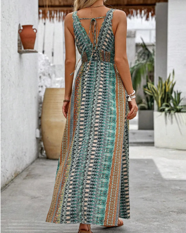 Tied Back Printed Sleeveless Maxi Slit Dress 