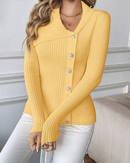 Asymmetrical Ribbed Button Up Cardigan Yellow