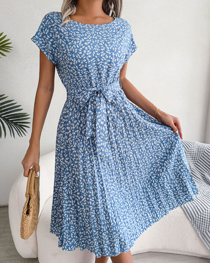 Ditsy Floral Pleated Belted Dress Sky Blue