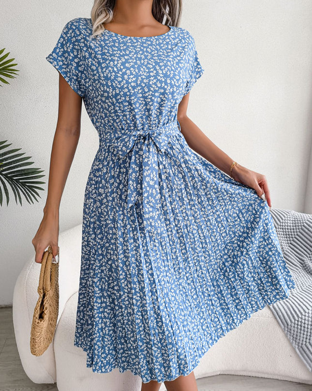 Ditsy Floral Pleated Belted Dress Sky Blue