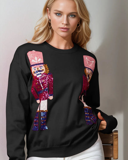 Double Take Full Size Nutcracker Sequin Long Sleeve Sweater Black