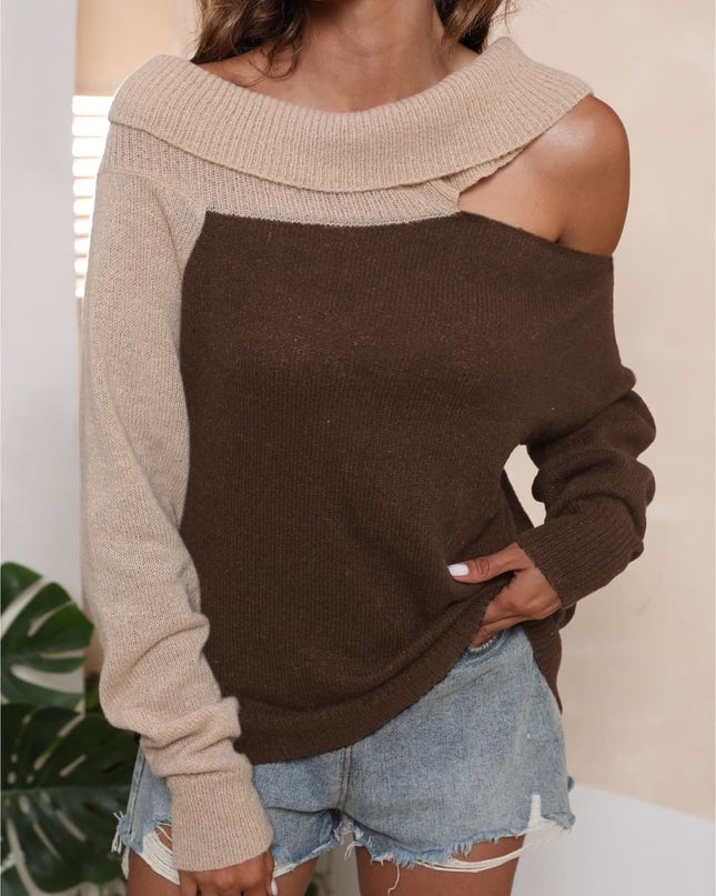 Asymmetrical Long Sleeve Two-Tone Cutout Sweater