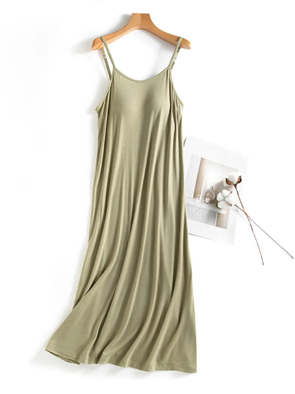 Scoop Neck Midi Cami Dress with Bra Matcha Green