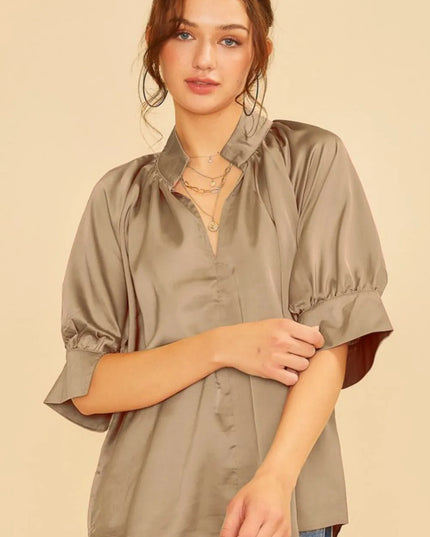 Annie Wear Satin V Neck Open Short Sleeve Woven Blouse Top MOCHA