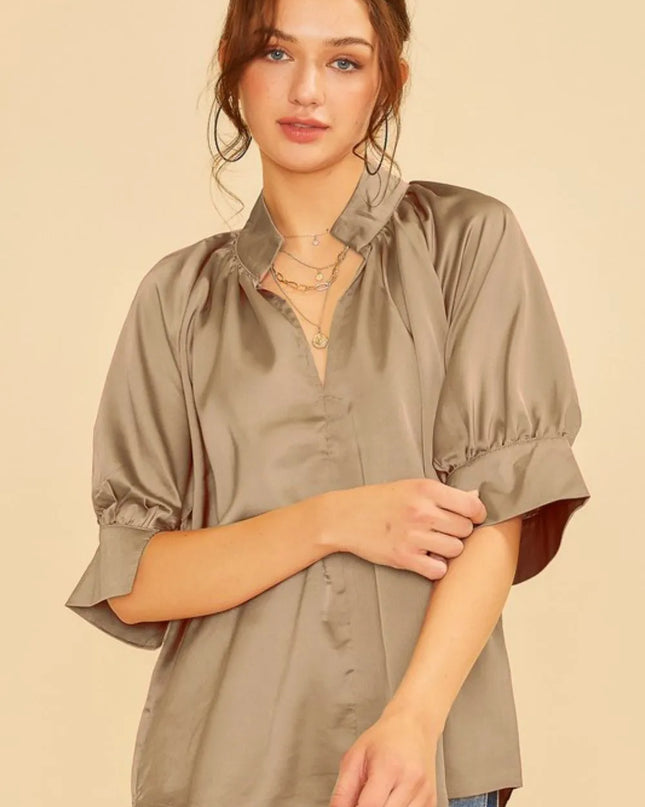 Annie Wear Satin V Neck Open Short Sleeve Woven Blouse Top MOCHA