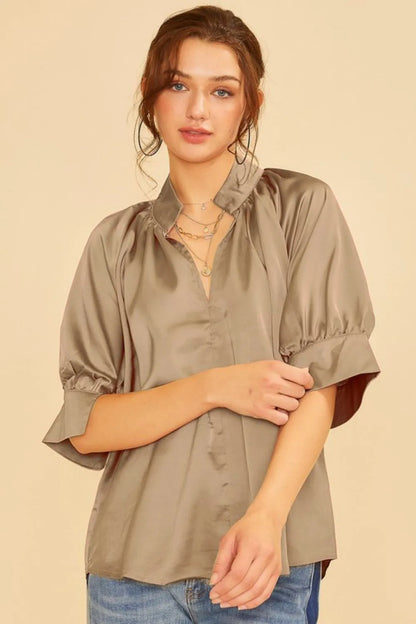 Annie Wear Satin V Neck Open Short Sleeve Woven Blouse Top MOCHA