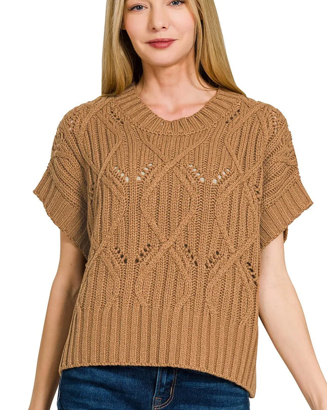 Zenana Cable Knit Short Sleeve Sweater DEEP CAMEL