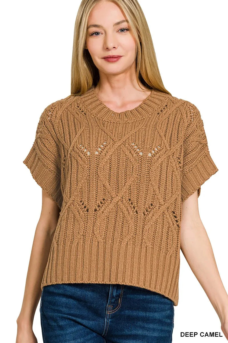 Zenana Cable Knit Short Sleeve Sweater DEEP CAMEL
