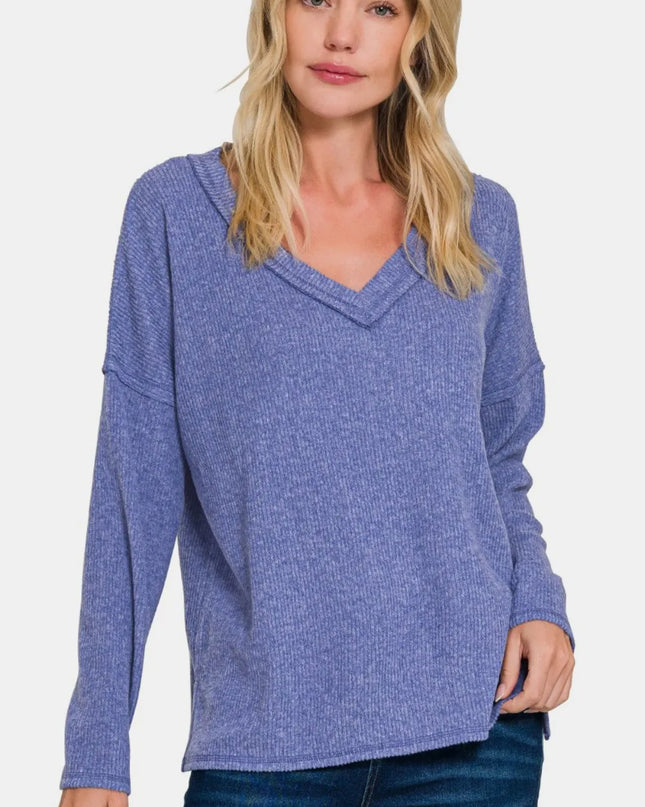 Zenana Full Size Ribbed V-Neck Drop Shoulder Top Marlin