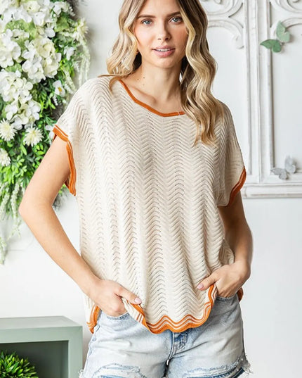First Love Full Size Contrast Wavy Crochet Drop Shoulder Knit Top