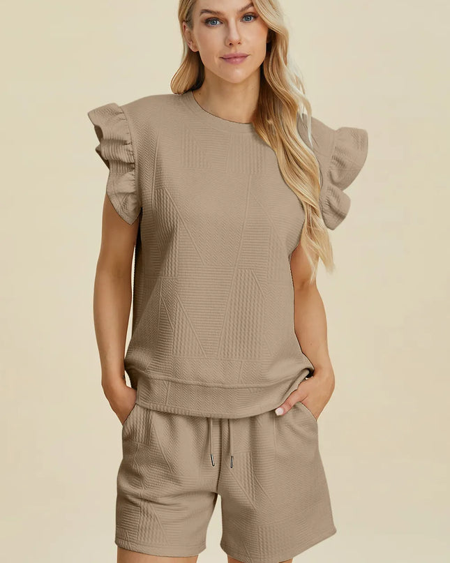 Double Take Full Size Texture Round Neck Ruffle Sleeve Top and Shorts Set