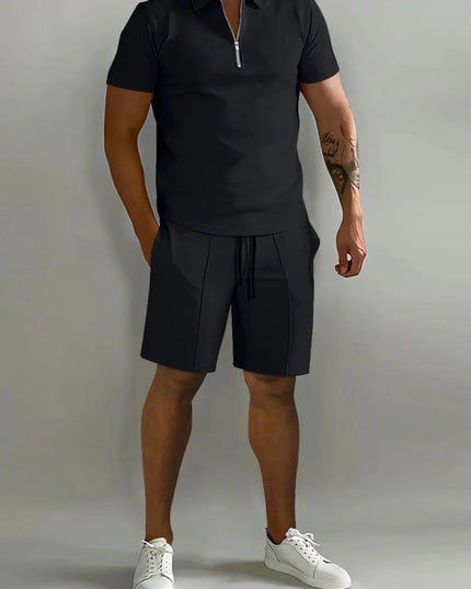 Men's Full Size Collared Neck Short Sleeve Top and Shorts Set Plus Size Black