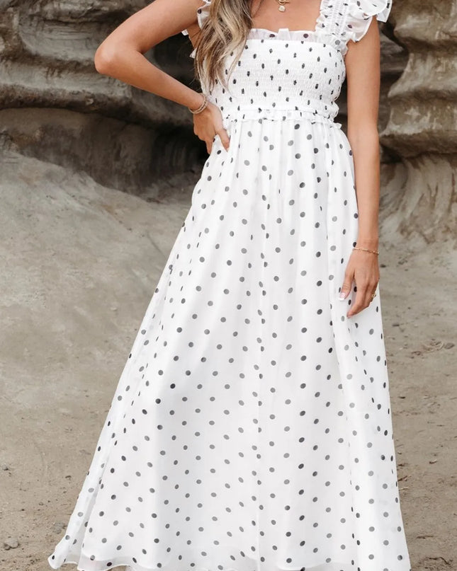 Polka Dot Ruffle Sleeve Smocked Midi Dress