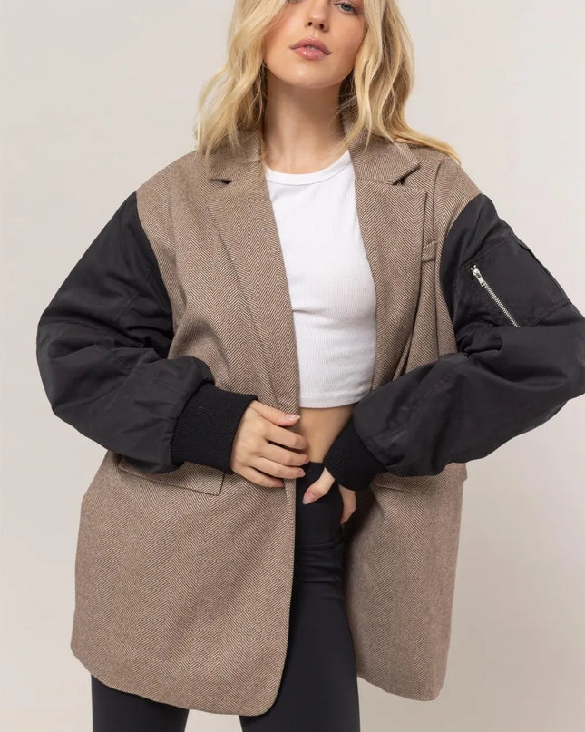 HYFVE Herringbone Mixed Media Contrast Long Sleeve Blazer Brown