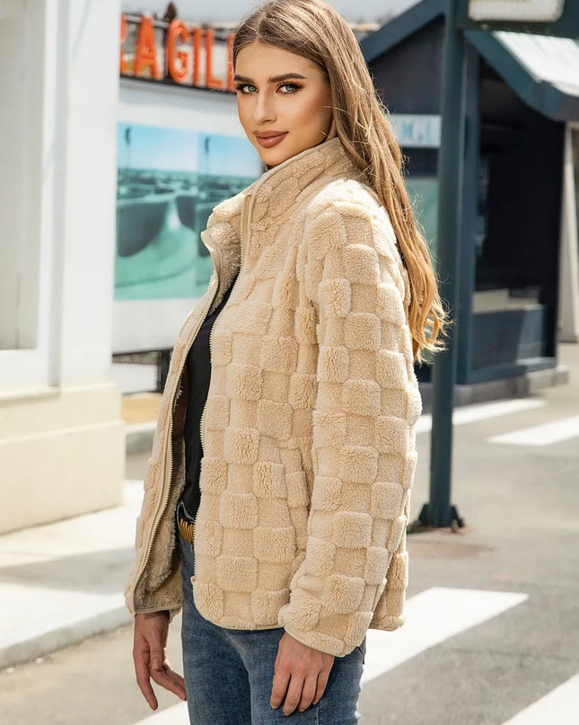 Fuzzy Checkered Zip Up Jacket