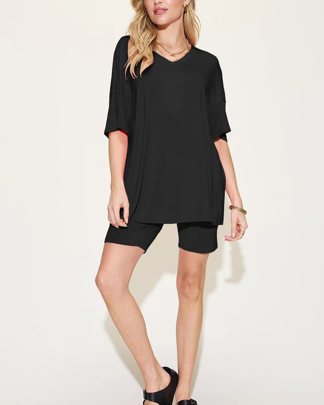 Basic Bae Bamboo Full Size V-Neck Drop Shoulder T-Shirt and Shorts Set