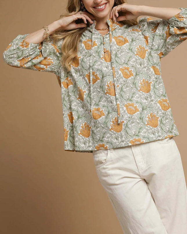 Umgee Floral Print Tie Neck 3/4 Sleeve Blouse