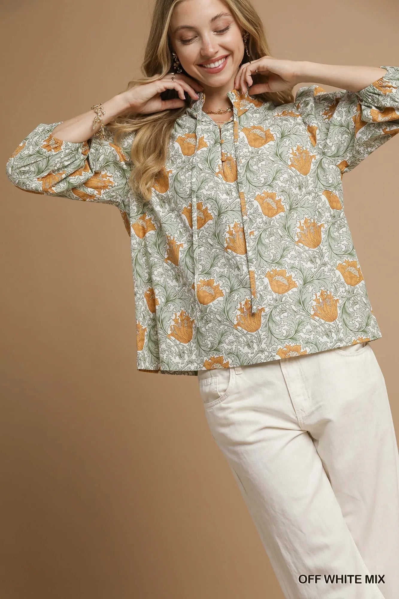 Umgee Floral Print Tie Neck 3/4 Sleeve Blouse