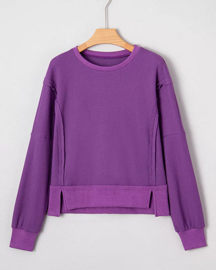 Solid Color Raw Seam Patchwork Ribbed Drop Shoulder Sweatshirt