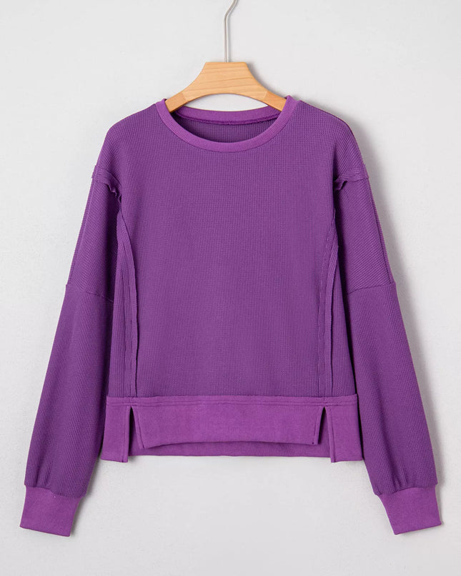 Solid Color Raw Seam Patchwork Ribbed Drop Shoulder Sweatshirt